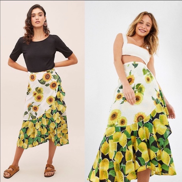 Anthropologie Farm Rio Sunflower Lemon Wrap Skirt - Picture 6 of 14